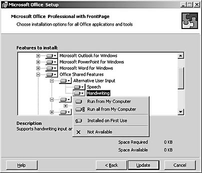 figure 39-1. choose to install speech and handwriting options during word (or office) installation.