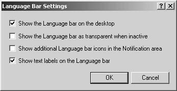 figure 39-3. set options for the language bar in the language bar settings dialog box.