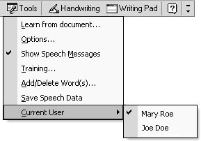 figure 39-8. you can use the speech tools drop-down menu on the language bar to specify the speech recognition user profile.