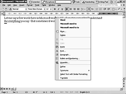 figure 39-11. right-clicking opens a shortcut menu with a list of possible corrections for dictation errors.