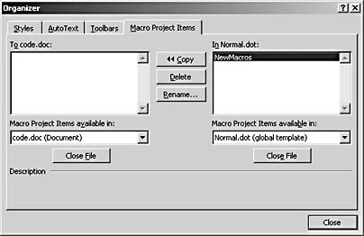 figure 40-10. you can use the organizer dialog box to copy, delete, and rename macro projects.