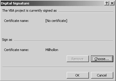 figure 40-12. to help provide security, the digital signature dialog box enables you to sign your macros with a digital certificate.