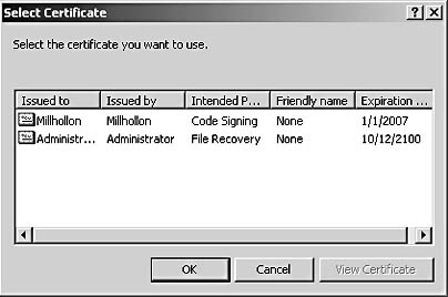 figure 40-13. the select certificate dialog box displays a list of certificates that you can use to sign your macros.