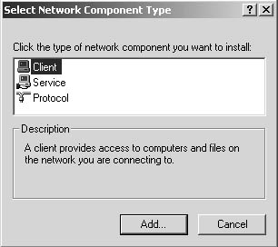 figure d-9. use the select network component type dialog box to select the type of network component you want to install.