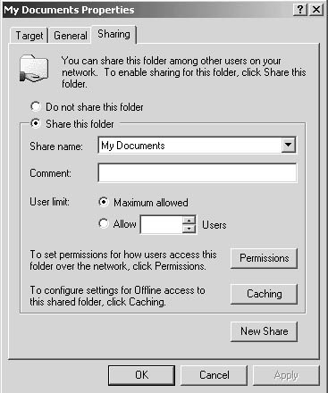 figure d-14. the sharing tab in the my documents properties dialog box enables you to share a drive, folder, or file stored on your computer.