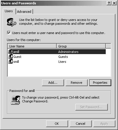figure d-16. the user and passwords dialog box controls which users can access and configure your computer.