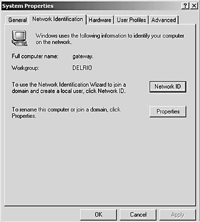 figure d-17. windows 2000 system properties dialog box with the network identification tab open.