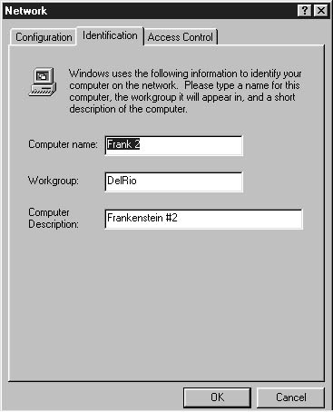 figure d-18. windows 95, windows 98, and windows me network properties with the network identification tab open.