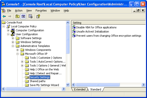 figure 10-4 computer-related security settings for office xp in group policy