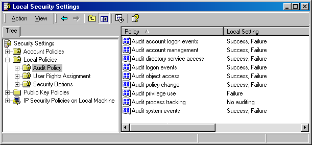 figure 12-2 viewing audit policy settings in the local security policy mmc in windows 2000