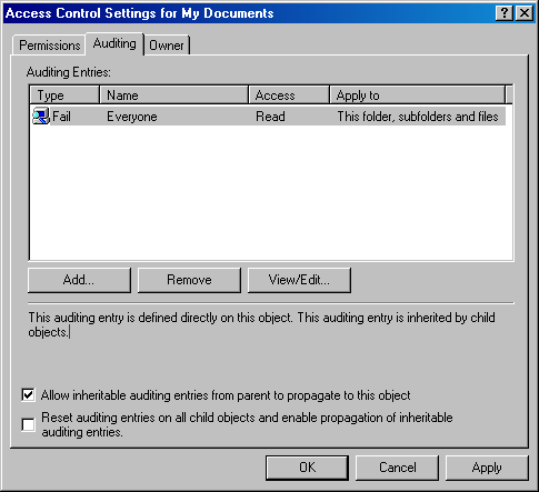 figure 12-3 configuring auditing on a file in windows xp