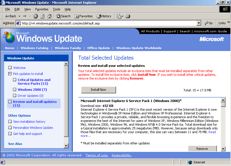 figure 23-1 choosing which critical updates, windows 2000 updates, or driver updates are applied to a computer