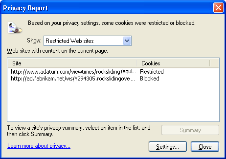 figure 29-2 privacy report from a site with a blocked cookie