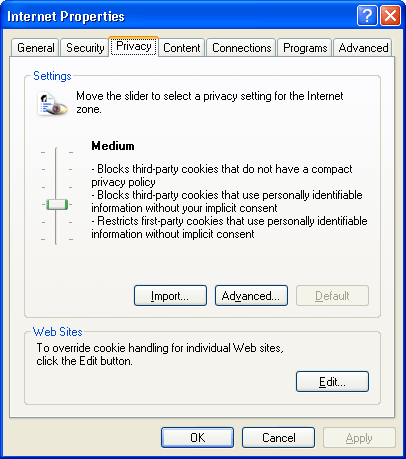 figure 29-4 internet explorer 6 internet properties dialog box, with the privacy tab selected