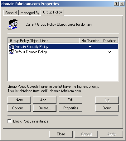 figure 1-4 the group policy object links in the properties dialog box for the domain