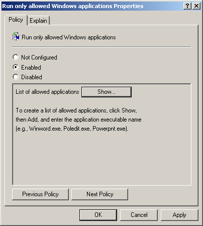 figure 1-14 the run only allowed windows applications policy setting is very important for security