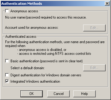 figure 6-10 setting authentication methods for a web site