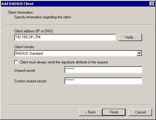 figure 10-19 the add radius client page with information about an 802.1x client