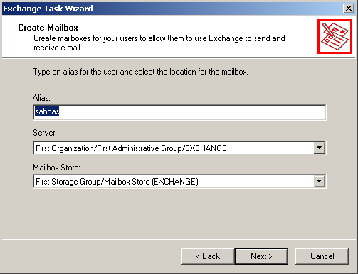 figure 11-29 creating a user's mailbox in active directory