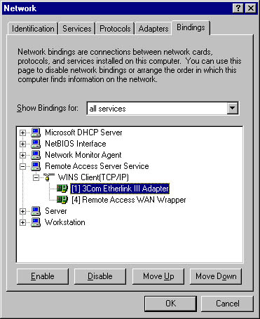 graphic b-8. the bindings tab shows connections between the network cards, protocols, and services on a particular computer.