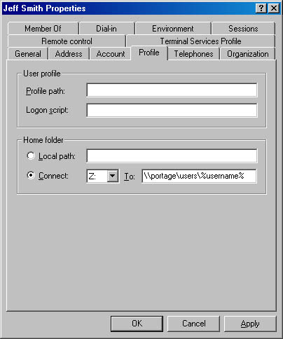 graphic h-4. use this computer management dialog box to specify a home folder in windows 2000.