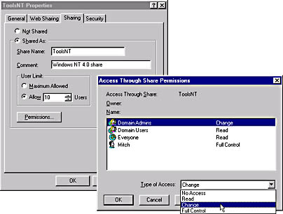 graphic s-9. the access through share permissions dialog box in windows nt 4.0.
