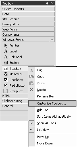 figure 2.8. the toolbox context menu.