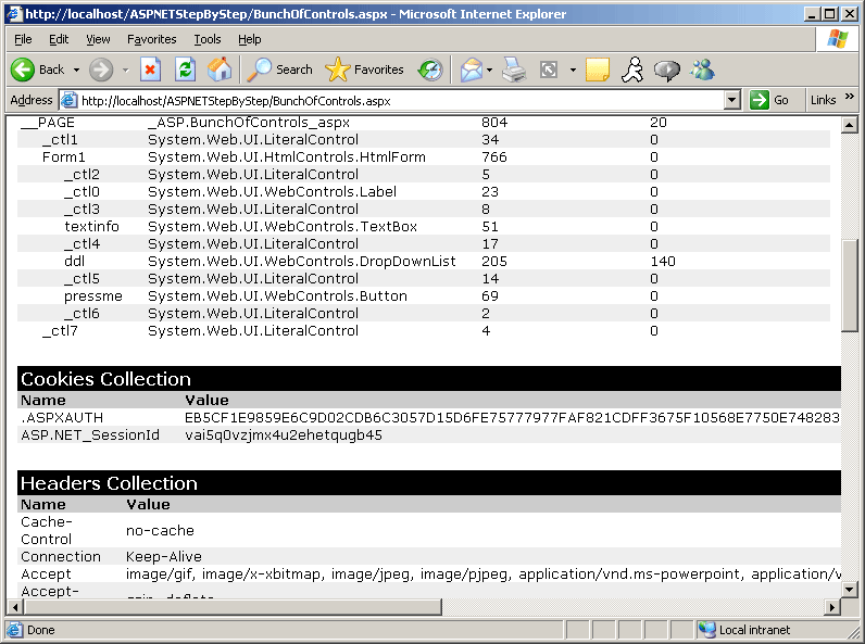 figure 10-4 tracing turned on reveals the authentication cookie for a page using forms authentication.