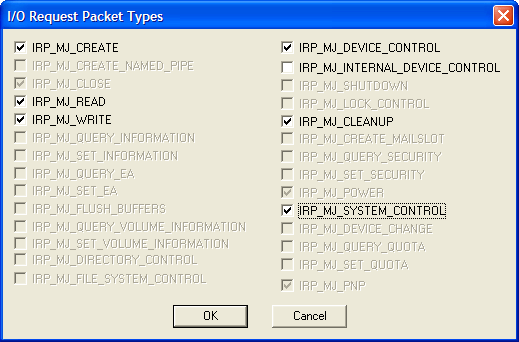 figure b-2 dialog box for specifying the irp major function codes for which you want dispatch functions.
