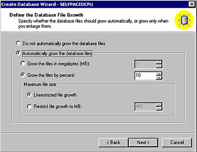  figure 6.4 - specifying the growth characteristics of data files. 