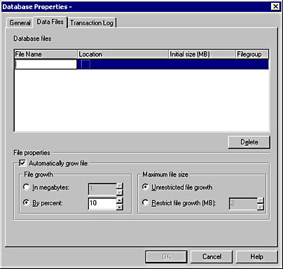  figure 6.9 - the data files tab of the database properties dialog box. 