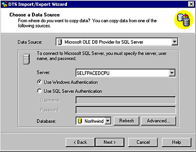  figure 7.1 - selecting the data source in the dts import/export wizard. 