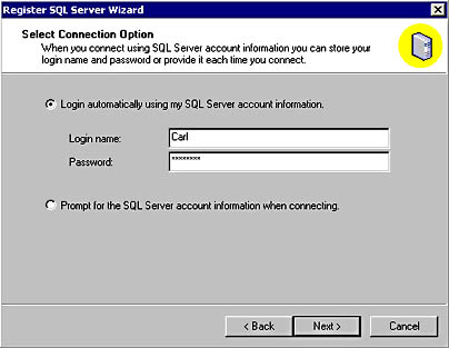 figure 12.17 - selecting connection options for servers being registered. 