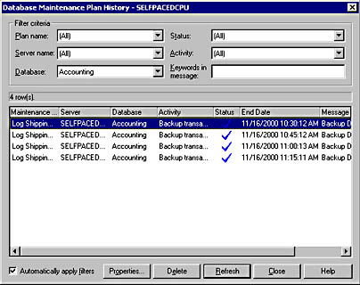  figure 16.16 - viewing the backup history for the primary server from the monitor server. 