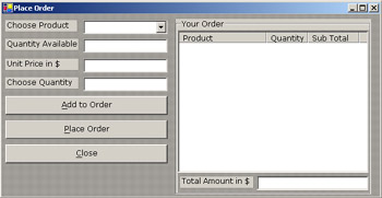 click to expand: this figure shows the place order window where a customer can select products and place an order.