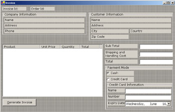 click to expand: this figure shows the invoice window that displays the order, customer, and company information and enables the administrator to generate the invoice.