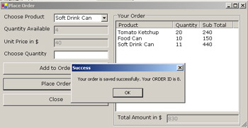 click to expand: this figure shows the confirmation message box that displays the order id of the order that the customer places.