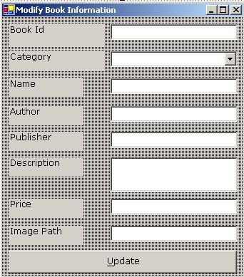 this figure shows the modify book information window that displays the information about the book that the administrator selects in the view books information window and enables the administrator to modify information.