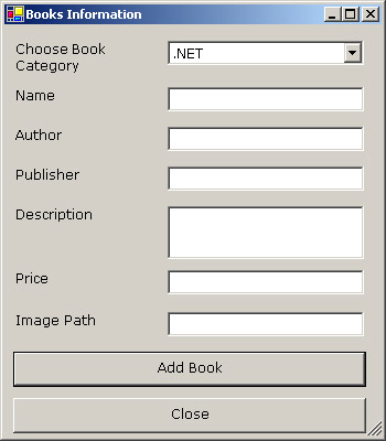 this figure shows the books information window where an administrator can specify information about a new book and add that book to an available category.