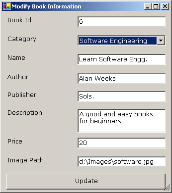 this figure shows the modify book information window that displays the information about the book, which the administrator selects in the view books information window.
