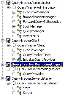 this figure shows classes of the four projects, uerytrackeradministrator, querttrackerclient, querytrackerremotingobject, and querytrackerserverlistener.