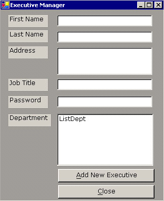 this figure shows the executive manager window, where the administrator can add information about a new executive.