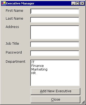 this figure shows the executive manager window with a departments list and the required parameters to add information about an executive.