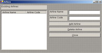 click to expand: this figure shows the airlines window that displays existing airlines and enables and end user to add and delete airlines.