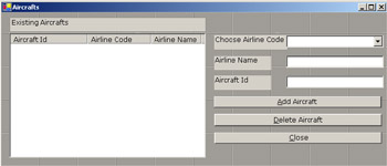 click to expand: this figure shows the aircrafts window where an end user can add, view, and delete aircraft information.
