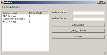 click to expand: this figure shows the airlines window that displays existing airlines information and enables an end user to delete existing airlines and add new airlines.
