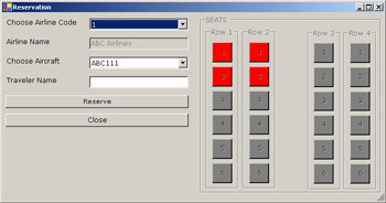 click to expand: this figure shows the reservation window that displays buttons for the reserved seats for an aircraft in red.