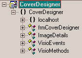 the figure shows the classes frmcoverdesigner, imagedetails, visioevents, and visiomethods used in the cover designer application.