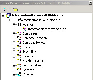 the figure shows the classes informationretrievalservice, companies, companylocation, companyservices, connect, eventsink, locations, nearbylocations, servicedetails, and services, as well as a module called shared, used in the information retrieval visio xml application.