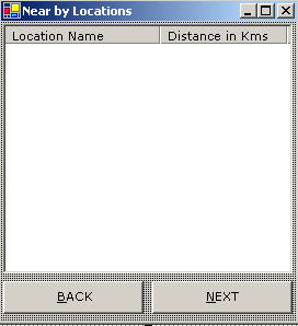 this figure shows the near by locations window that displays the near by locations and their distance from a selected location.